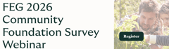 Promotional graphic for the FEG 2026 Community Foundation Survey Webinar with a Register button and a photo of people gardening.