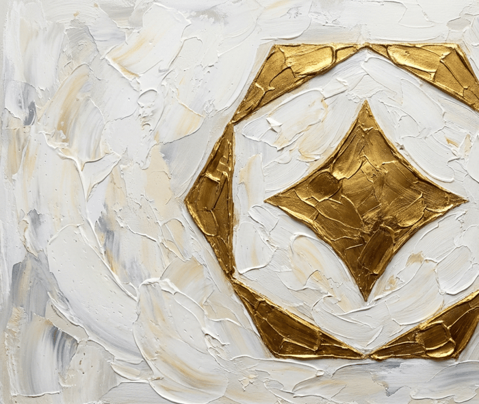 Textured abstract painting of a gold diamond within a gold hexagon, rendered in thick palette-knife strokes against a cream and white background.